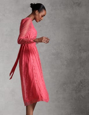 

Womens M&S X GHOST Midi-Teekleid mit Puffärmeln und Spitze - Pink Mix, Pink Mix