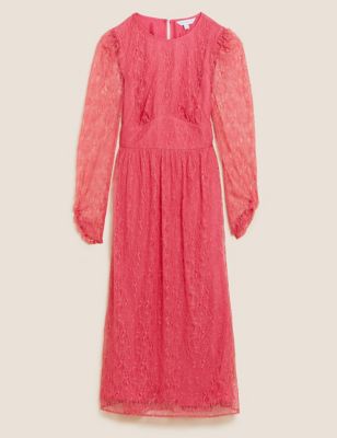 M&S X Ghost Womens Lace Puff Sleeve Midi Tea Dress