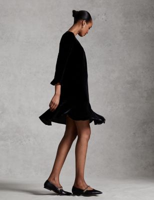

Womens M&S X GHOST Velvet Knee Length Swing Dress with Silk - Black, Black
