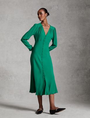 

Womens M&S X GHOST V-Neck Button Through Midi Tea Dress - Green, Green