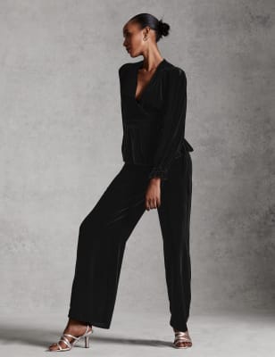 

Womens M&S X GHOST Velvet Wide Leg Trousers with Silk - Black, Black