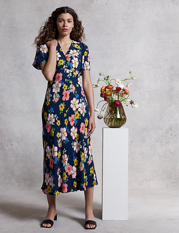 Floral V-Neck Angel Sleeve Midi Tea Dress