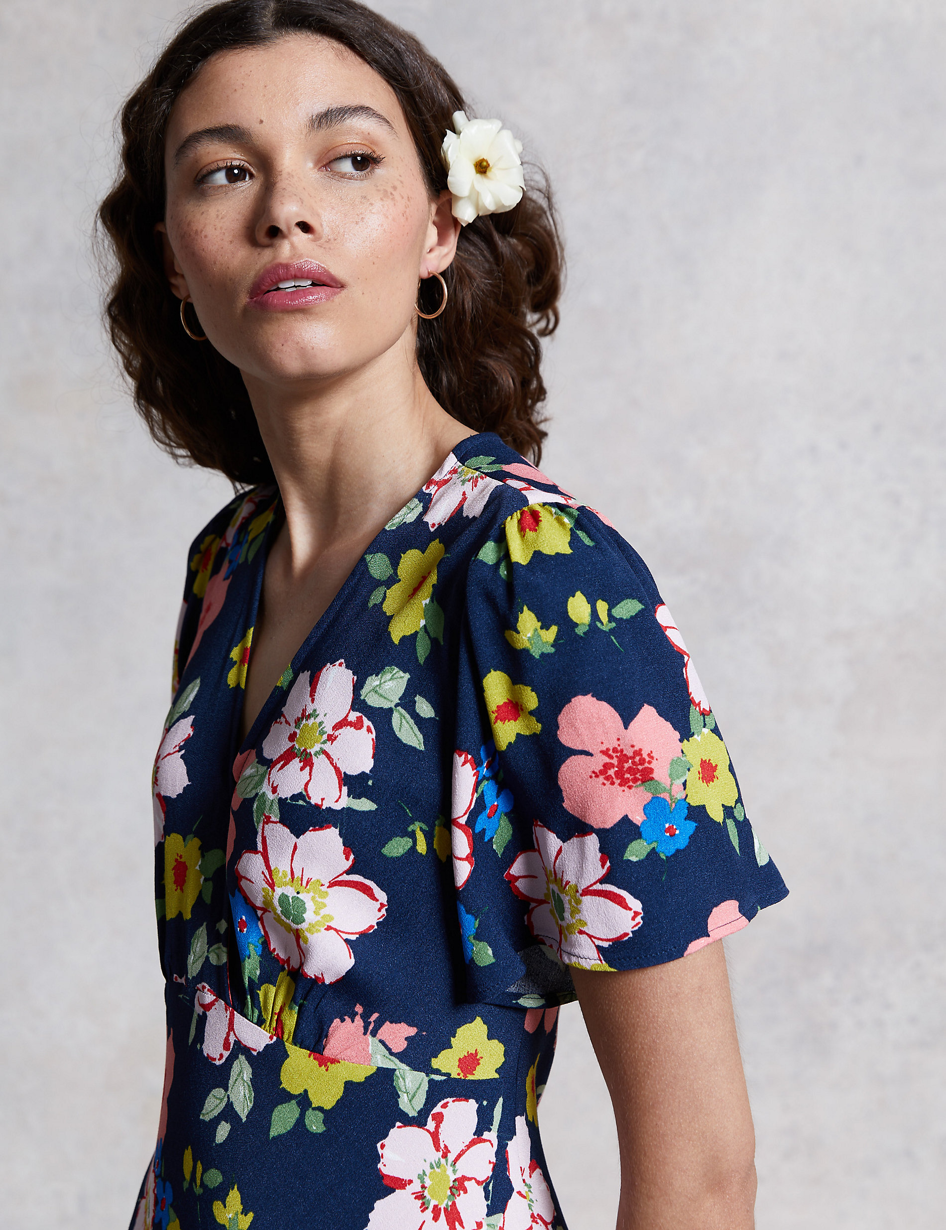 Floral V-Neck Angel Sleeve Midi Tea Dress