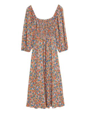 

M&S X GHOST Vestido fruncido maxi a media pierna con estampado de florecillasWomens - Multi, Multi