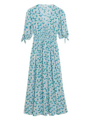 

Womens M&S X GHOST Floral V-Neck Shirred Midi Waisted Dress - Blue Mix, Blue Mix