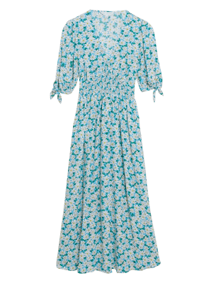 

Womens M&S X GHOST Floral V-Neck Shirred Midi Waisted Dress - Blue Mix, Blue Mix