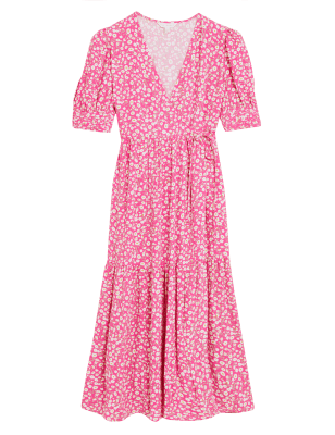 

M&S X GHOST Vestido cruzado a media pierna de manga abullonada con estampado de florecillasWomens - Pink Mix, Pink Mix