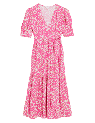 

Womens M&S X GHOST Ditsy Floral Puff Sleeve Midi Wrap Dress - Pink Mix, Pink Mix