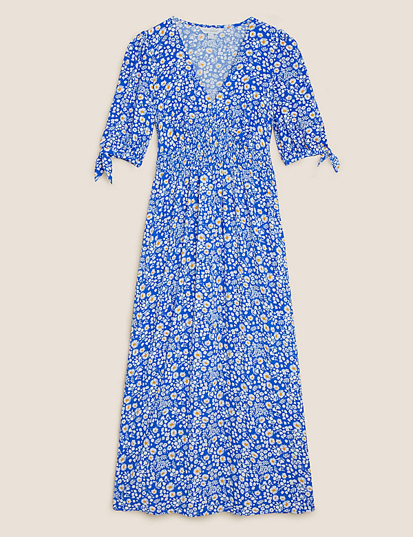 Floral V-Neck Shirred Midi Dress