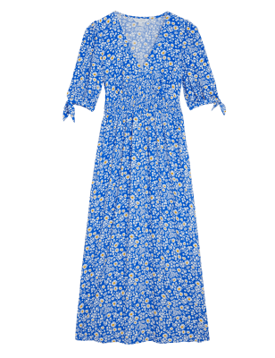 

Womens M&S X GHOST Floral V-Neck Shirred Midi Dress - Blue Mix, Blue Mix