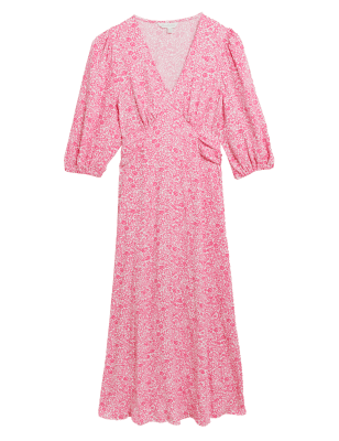 

Womens M&S X GHOST Floral V-Neck Midi Tea Dress - Pink Mix, Pink Mix