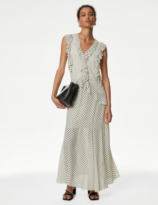 Polka Dot V-Neck Ruffle Maxi Column Dress - SA