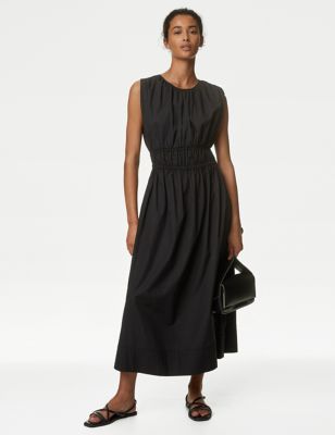 M&S Women's Pure Cotton Midi Waisted Dress - 6PET - Black, Black