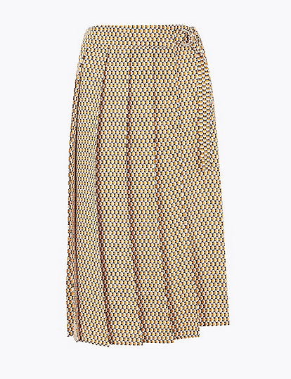 Geometric Print Pleated Wrap Midi Skirt
