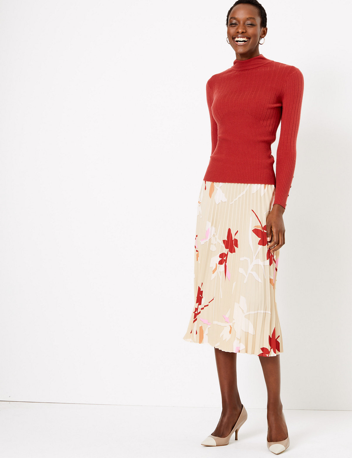 Leaf Print Pleated Midi Skirt