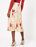 Leaf Print Pleated Midi Skirt
