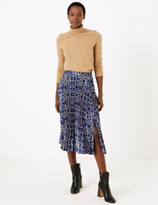 Animal Print Pleated Midi Skirt