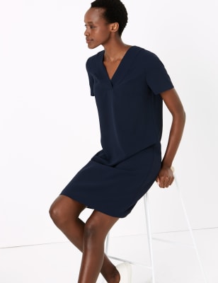 Crepe V-Neck Knee Length Shift Dress - QA