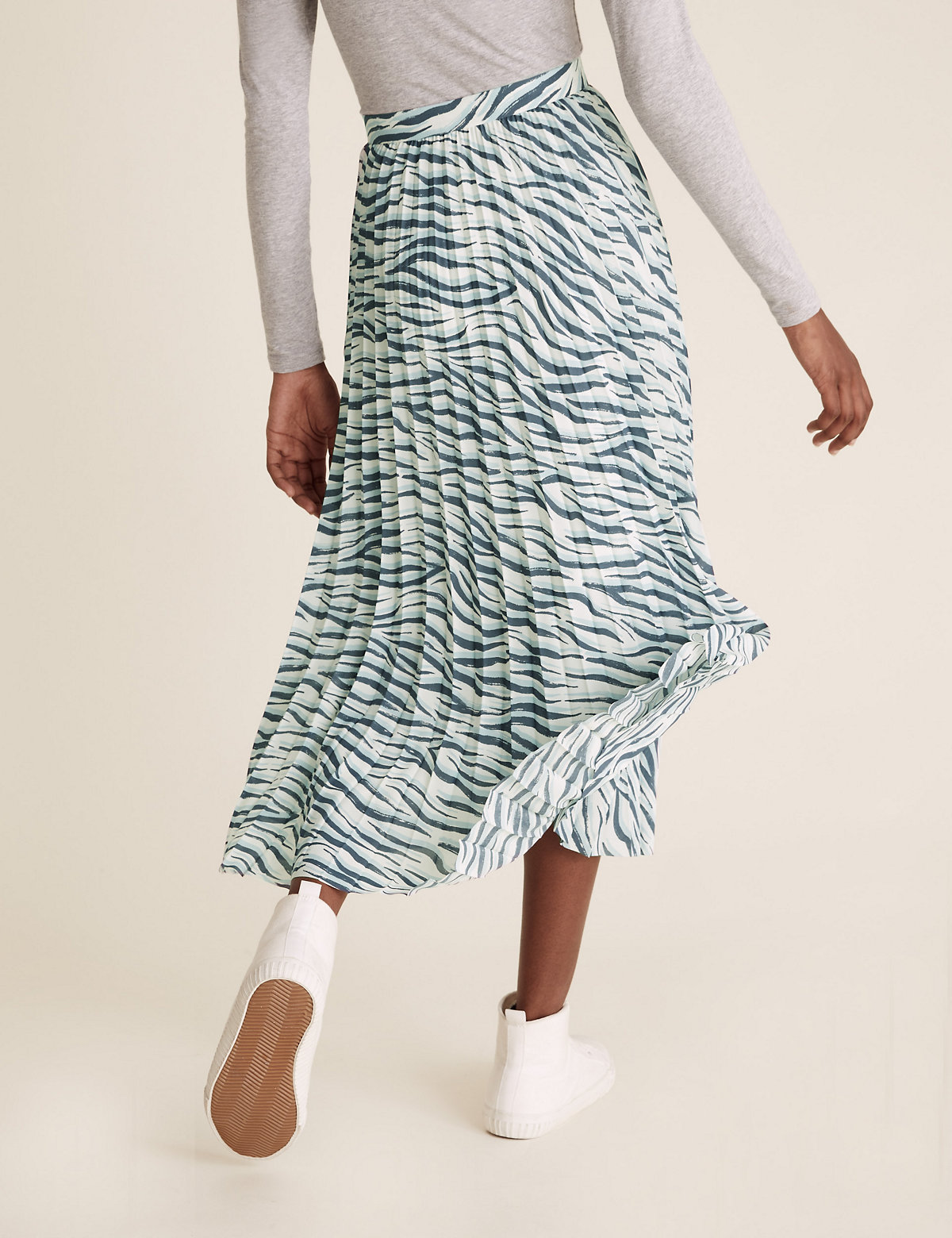 Animal Print Pleated Midi A-Line Skirt