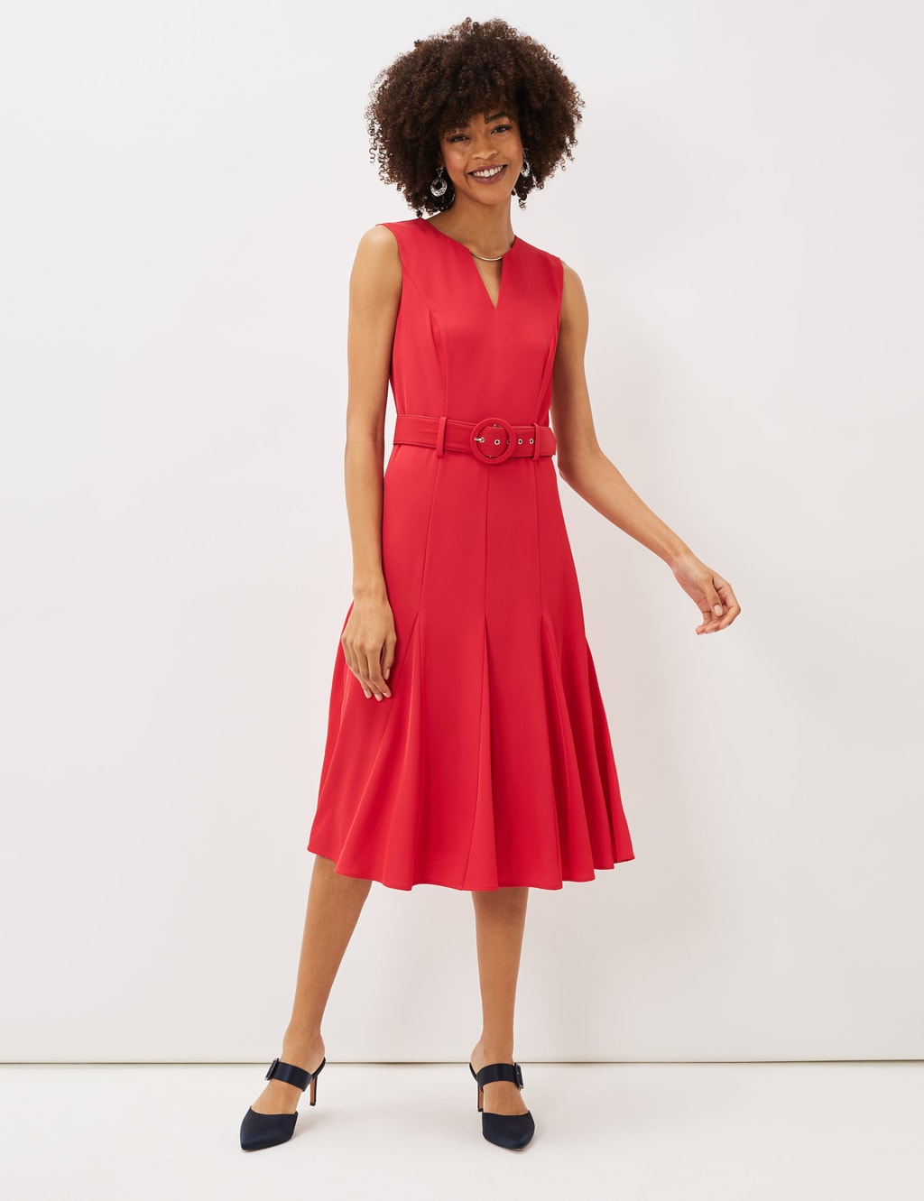 V-Neck Belted Midi Waisted Dress image 1