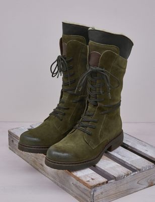 Celtic & Co. Womens Sheepskin trim Block Heel Boots - 9 - Green, Green,Brown