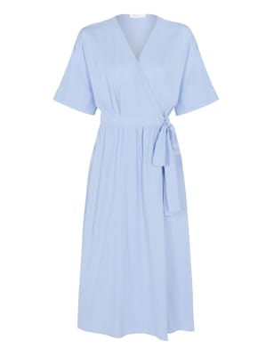 M&S Finery London Womens Linen V-Neck Tie Front Midi Wrap Dress - 8 - Blue, Blue