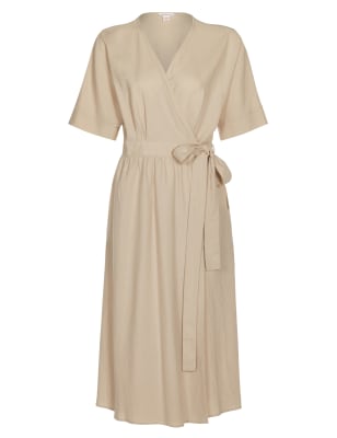 M&S Finery London Womens Linen V-Neck Tie Front Midi Wrap Dress - 10 - Stone, Stone