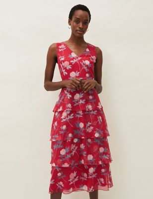 M&S Phase Eight Womens Floral V-Neck Midi Tiered Dress
