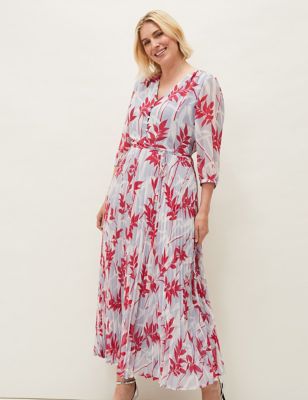 M&S Phase Eight Womens Printed Pleated V-Neck Maxi Tea Dress