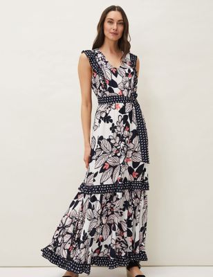 M&S Phase Eight Womens Floral V-Neck Sleeveless Maxi Tiered Dress