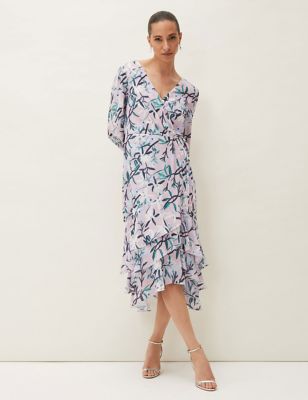 M&S Phase Eight Womens Floral V-Neck Frill Detail Midaxi Dress