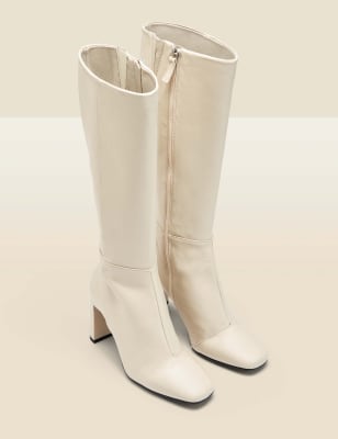 M&S Sosandar Womens Leather Block Heel Knee High Boots - 5 - Cream, Cream