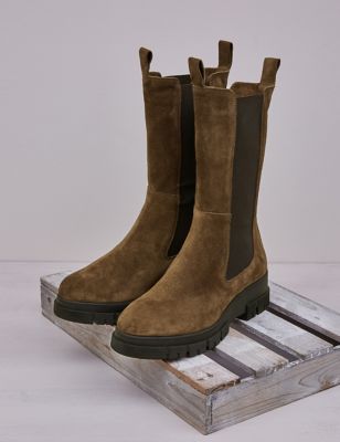Celtic & Co. Womens Suede Chelsea Chunky Block Heel Boots - 3 - Brown, Brown,Dark Navy,Green