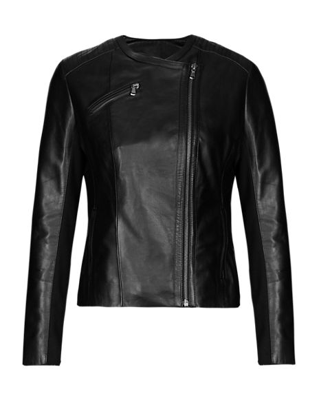 PETITE Leather Off Centre Zip Biker Jacket | M&S Collection | M&S