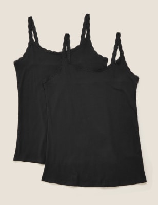 

Womens 2er-Pack Unterhemd mit Spitzenbesatz und hohem Baumwollanteil - Black, Black