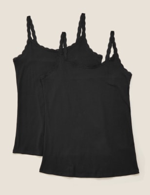 

Womens 2pk Cotton Rich Lace Trim Vest - Black, Black