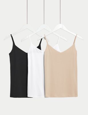 M&S Womens 3pk Cotton Rich Strappy Vests - 8 - Rose Quartz, Rose Quartz,Copper,Black,White,Faded Blu