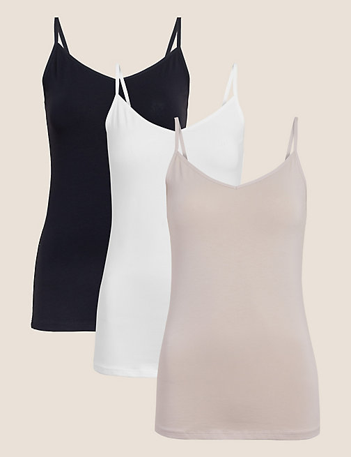Marks And Spencer Womens M&S Collection 3pk Cotton Rich Strappy Vests - Opaline Mix