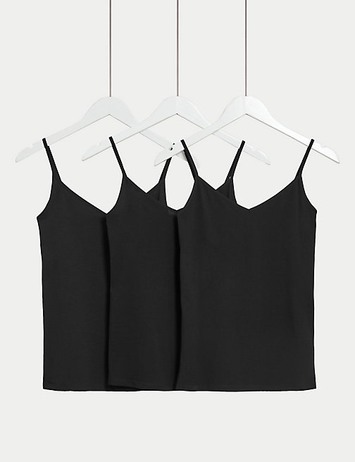 Marks And Spencer Womens M&S Collection 3pk Cotton Rich Strappy Vests - Black, Black