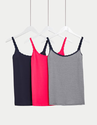 Marks And Spencer Womens M&S Collection 3pk Cotton Rich Lace Trim Vests - Pink Mix, Pink Mix