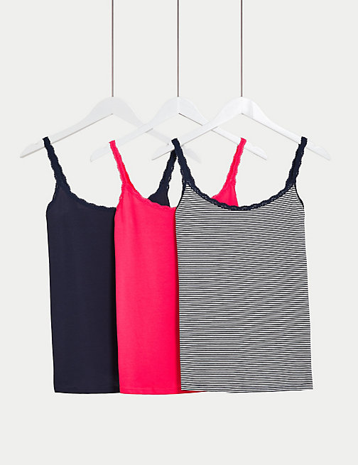 Marks And Spencer Womens M&S Collection 3pk Cotton Rich Lace Trim Vests - Pink Mix, Pink Mix