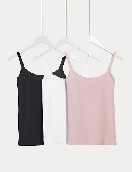 Marks And Spencer Womens M&S Collection 3pk Cotton Rich Lace Trim Vests - Soft Pink