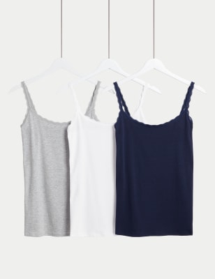 Marks And Spencer Womens M&S Collection 3pk Cotton Rich Lace Trim Vests - Navy Mix, Navy Mix