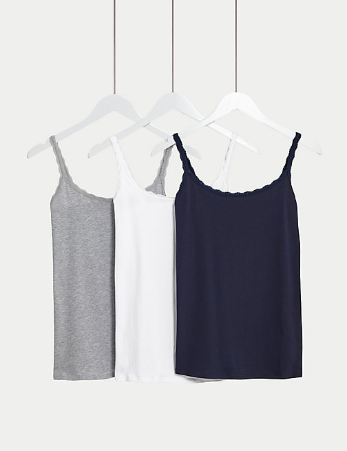 Marks And Spencer Womens M&S Collection 3pk Cotton Rich Lace Trim Vests - Navy Mix