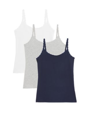 Womens M&S Collection 3pk Cotton Rich Lace Trim Vests - Navy Mix