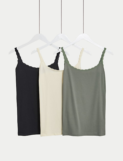 Marks And Spencer Womens M&S Collection 3pk Cotton Rich Lace Trim Vests - Green Mix, Green Mix