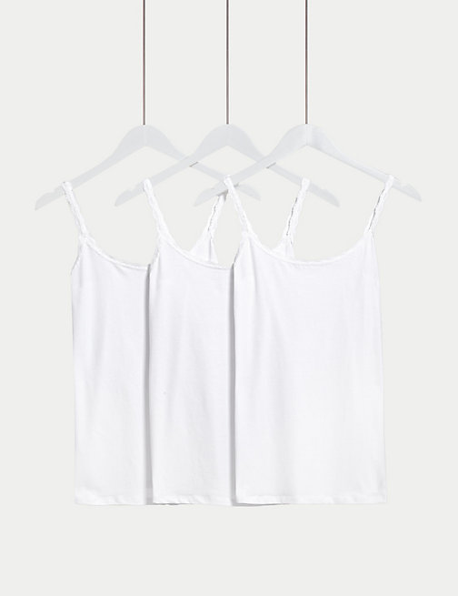 Marks And Spencer Womens M&S Collection 3pk Cotton Rich Lace Trim Vests - White, White