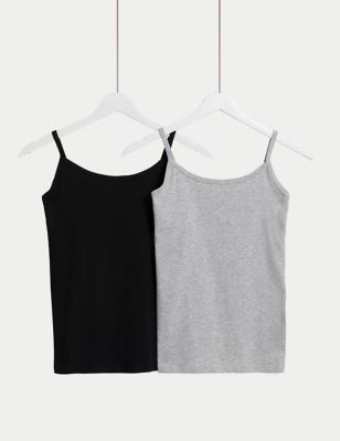 M&S Women's 2pk Teen Cotton Rich Secret Support Vests - 4 - Black, Black,Khaki Mix
