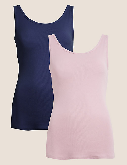 Marks And Spencer Womens M&S Collection 2pk Cotton Rich Secret Support Vests - Navy Mix, Navy Mix