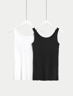 M&S Womens 2pk Cotton Rich Secret Support Vests - 6 - White Mix, White Mix,Watermelon,Dark Blue Mix